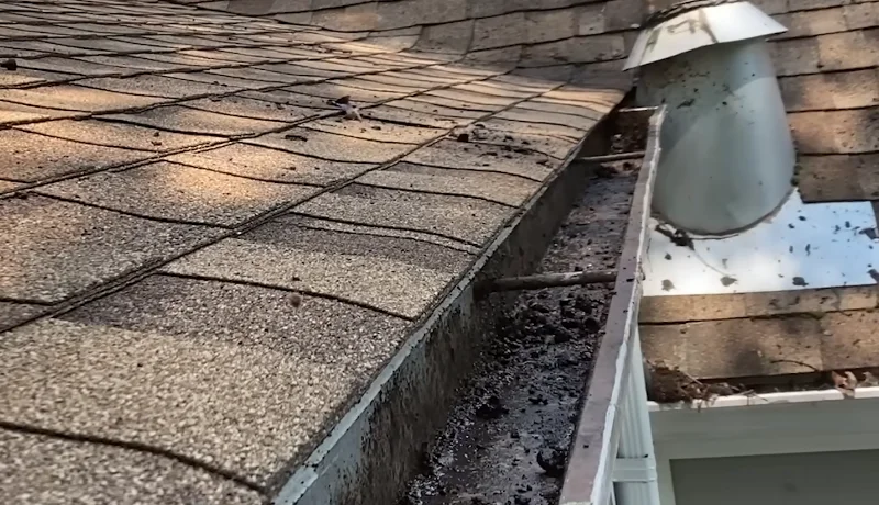 Clean gutter after cleaning, technician on roof in Anderson, SC