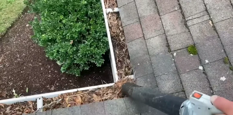 Gutter clogged with pine straw and leaf debris before cleaning in Anderson, SC