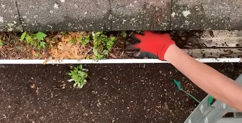 Technician clearing gutter debris by hand during a repair inspection in Anderson, SC