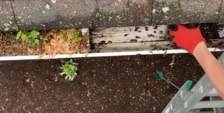Hands clearing gutter debris during a real cleaning job in Anderson, SC
